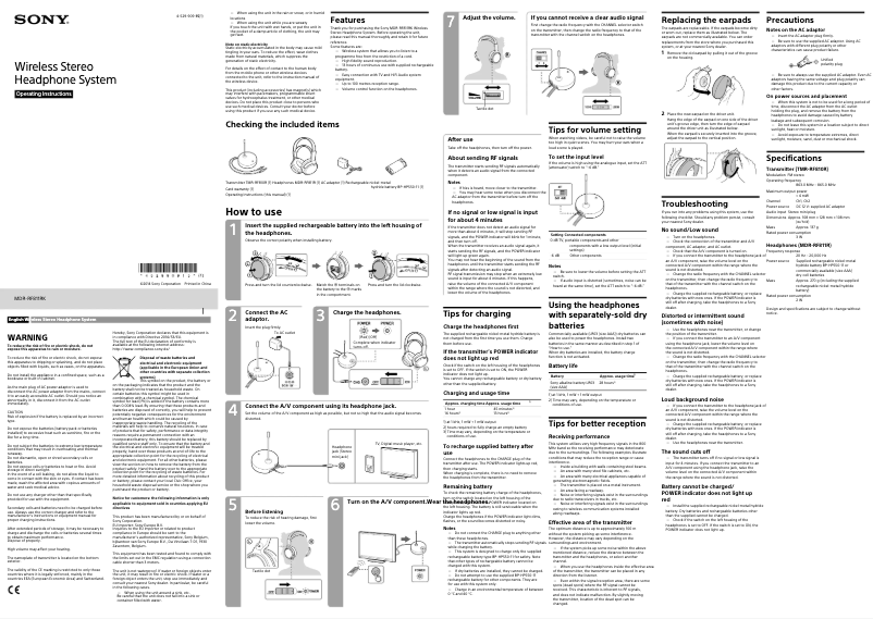 Image de la première page du manuel de l'appareil MDR-RF811RK