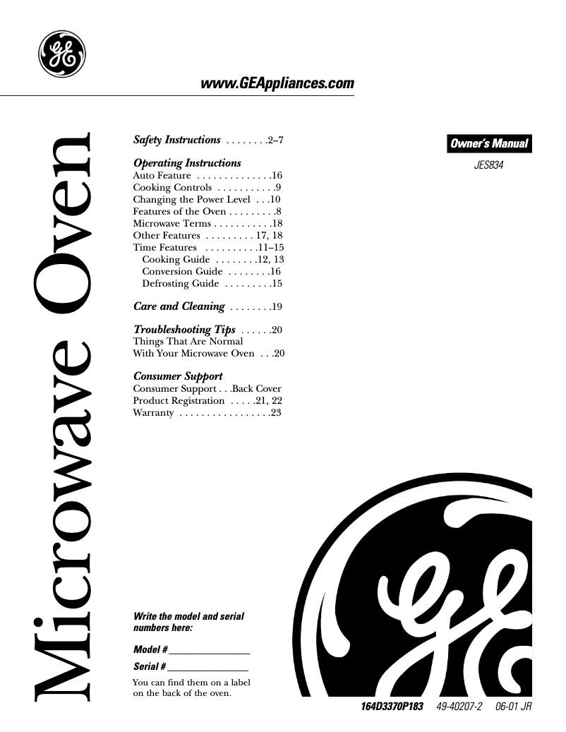 Page n°1 - Manuel utilisateur GE JES834WD