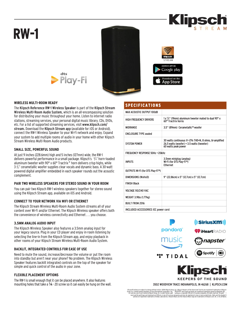 Page 1 de la notice Fiche technique Klipsch RW-1