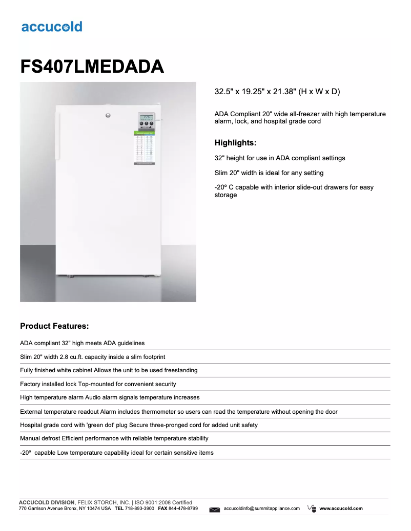 Página 1 del manual Ficha técnica Summit Accucold FS407LMEDADA