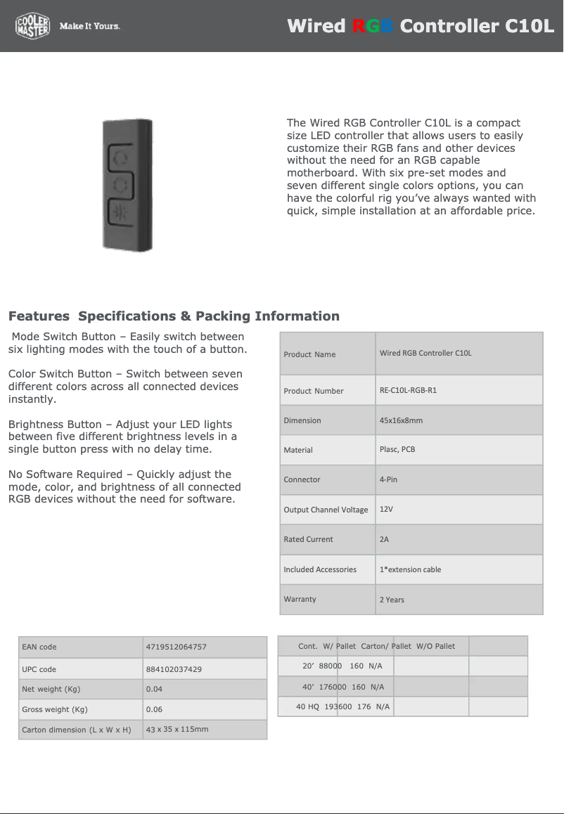 Page n°1 - Manuel utilisateur Cooler Master Wired RGB Controller C10L