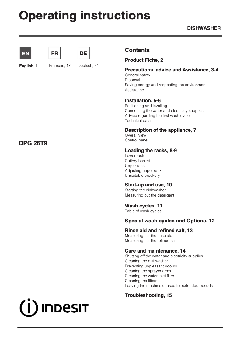 Page n°1 - Manuel utilisateur Indesit DPG 26T9