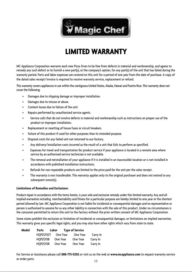 Page 1 de la notice Informations de garantie Magic Chef HQPZO13B