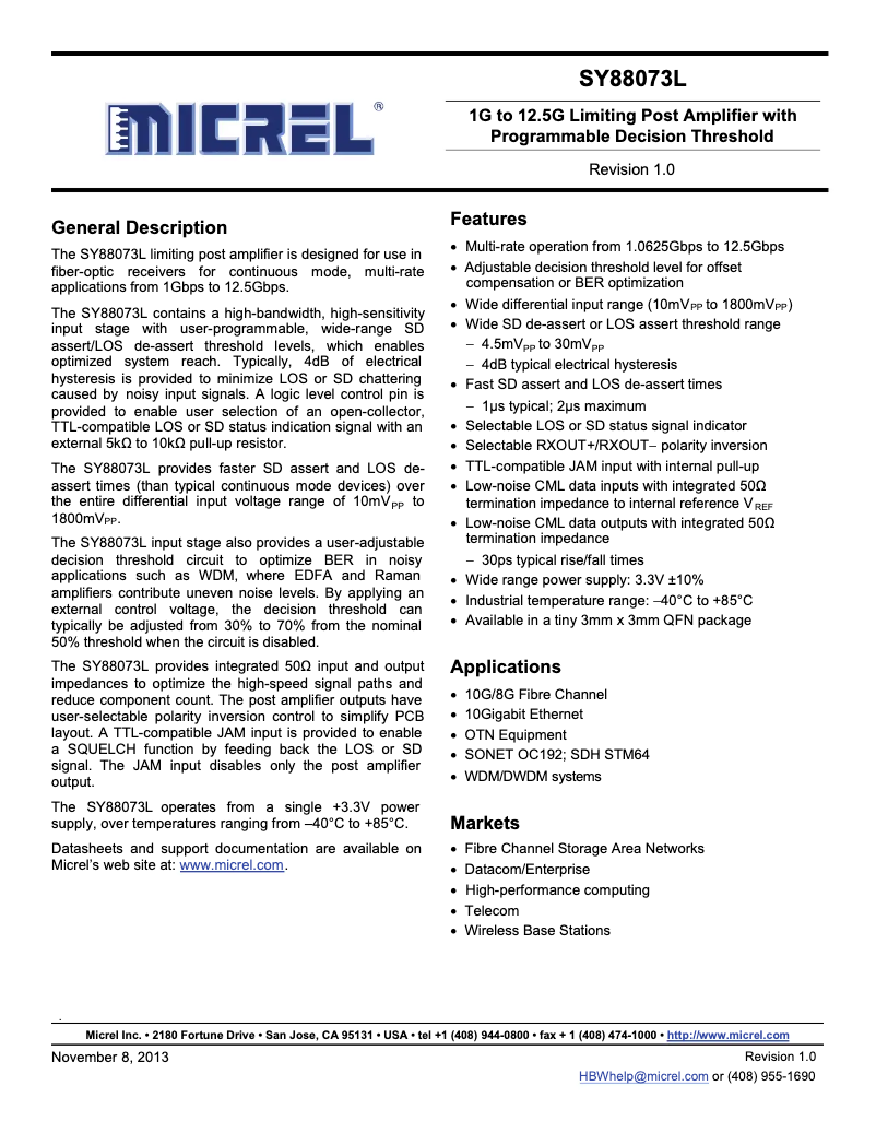 Page 1 de la notice Manuel utilisateur Microchip SY88073L