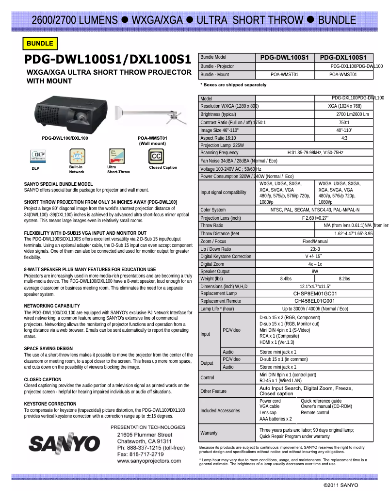 Page n°1 - Manuel utilisateur Sanyo PDG-DXL100S1