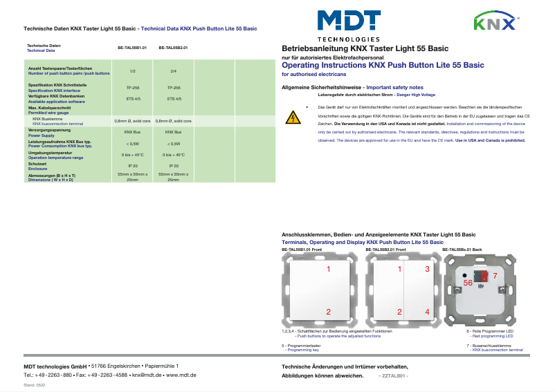 Page 1 de la notice Manuel utilisateur MDT BE-TAL55B2.01