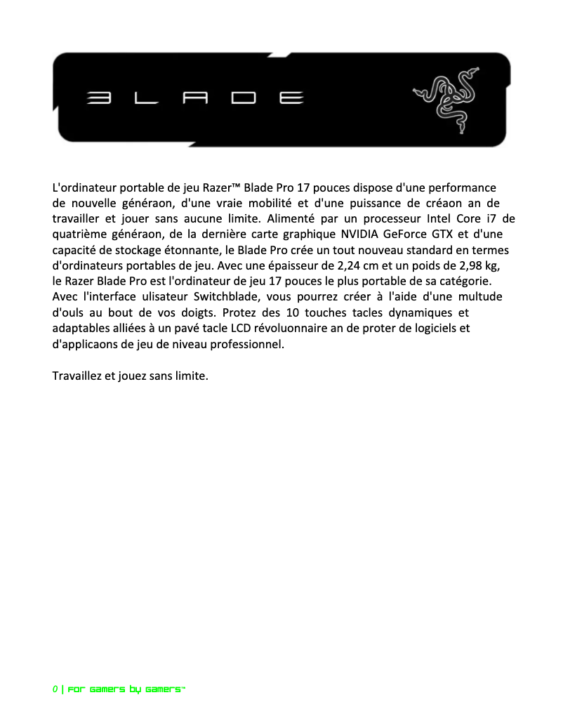 First page image of the manual for Blade Pro 17