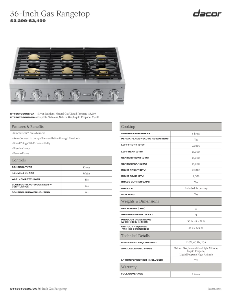 Page 1 de la notice Fiche technique Dacor DTT36T960GS