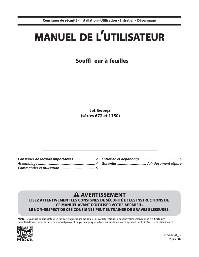 Page 1 de la notice Manuel utilisateur Troy-Bilt TB672