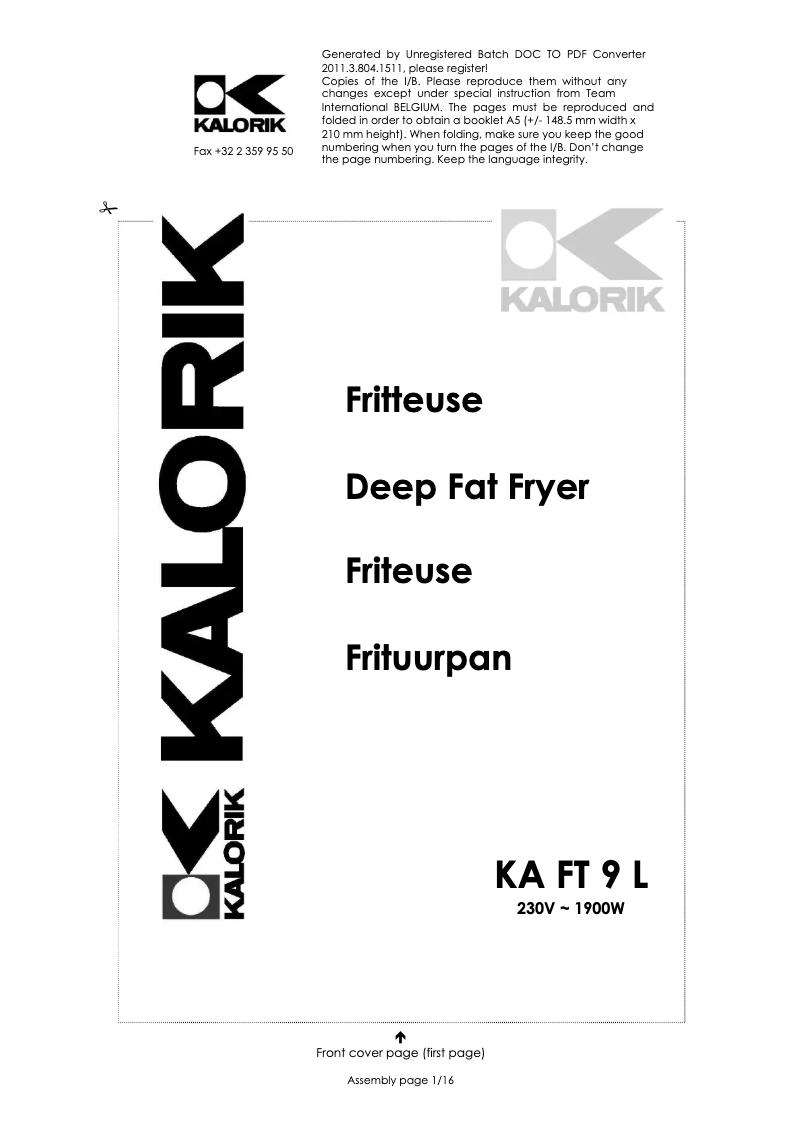 Page 1 de la notice Manuel utilisateur Kalorik KA FT 9 L