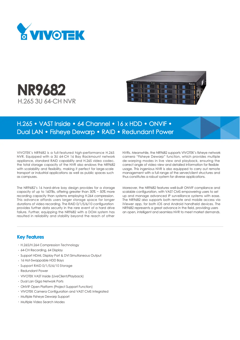 Page 1 de la notice Fiche technique Vivotek NR9682