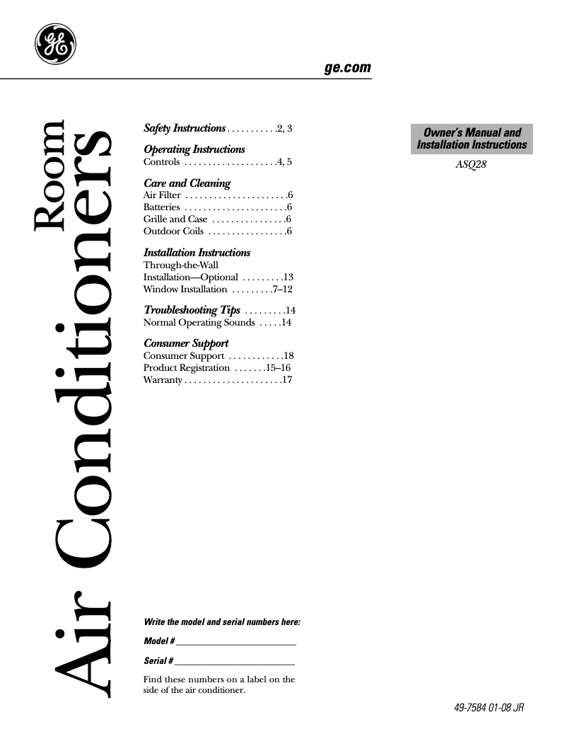 Page n°1 - Guide d'installation GE ASQ28DL