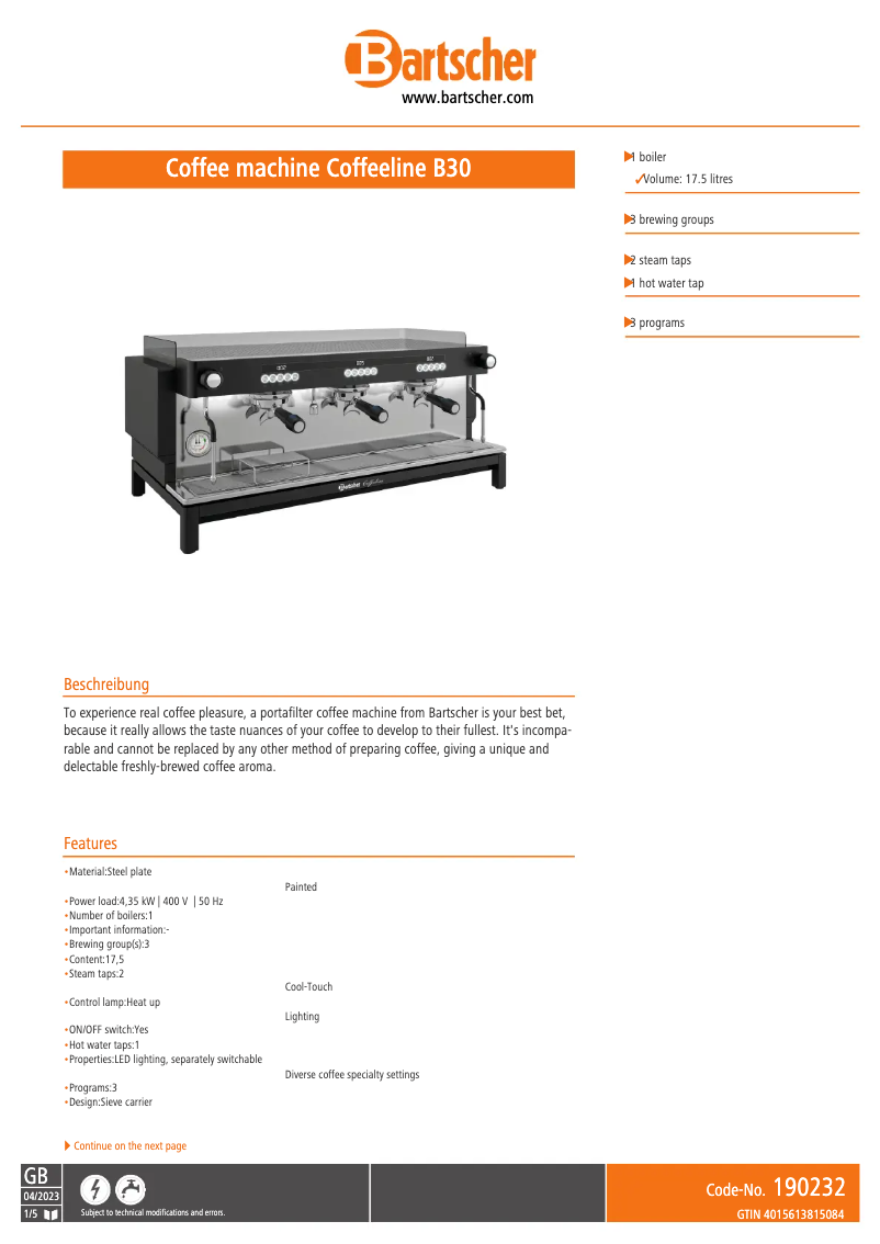 Page n°1 - Fiche technique Bartscher B30