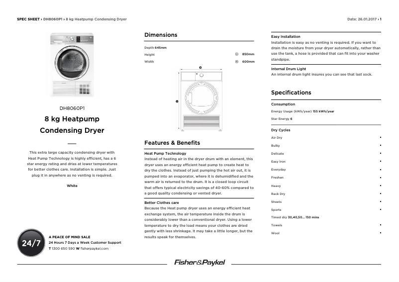Página 1 del manual Ficha técnica Fisher & Paykel DH8060P1