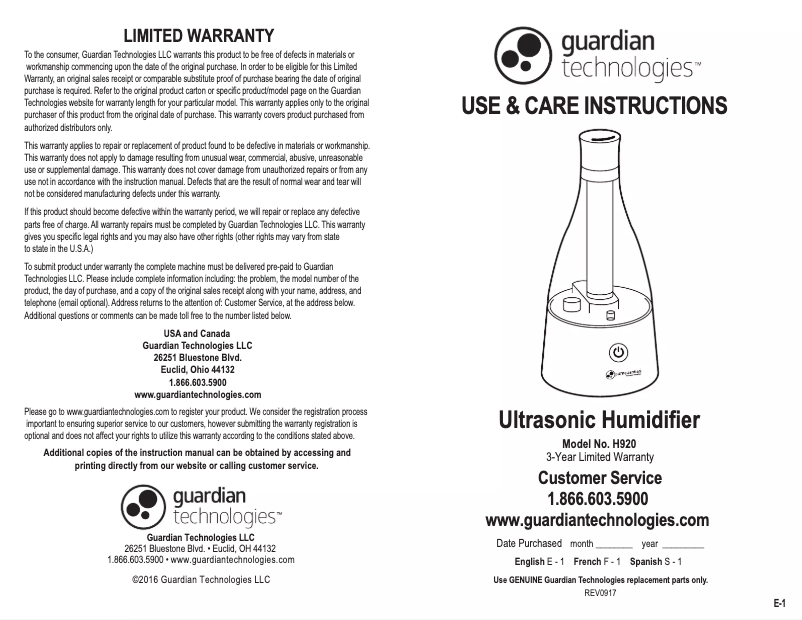 Page n°1 - Manuel utilisateur PureGuardian H920BL