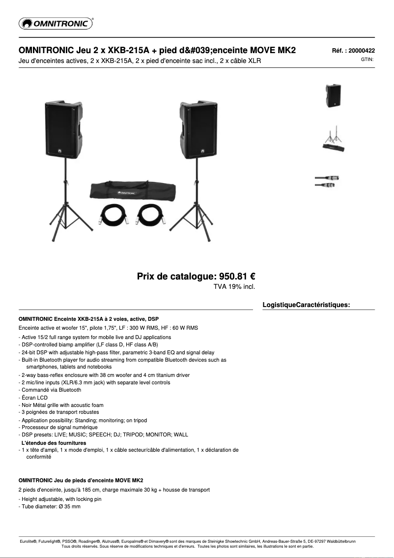 Page n°1 - Fiche technique Omnitronic XKB-215A