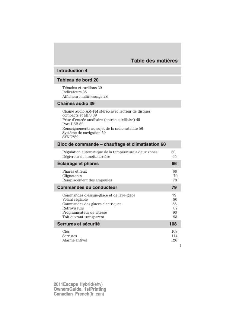 Page 1 de la notice Manuel utilisateur Ford Escape Hybrid (2011)