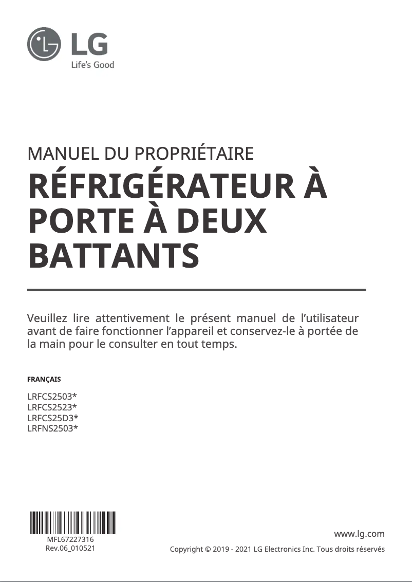 Page 1 de la notice Manuel utilisateur LG LRFCS2503S