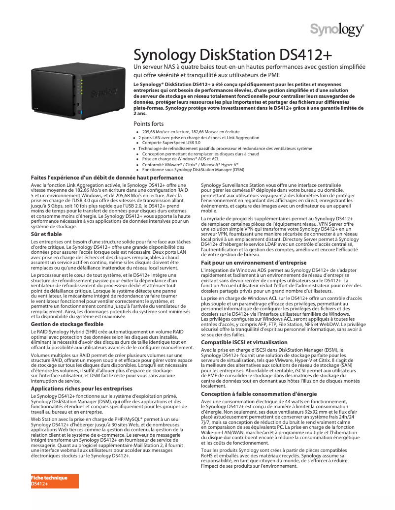 Page 1 of the manual Technical Sheet Synology DiskStation DS412+