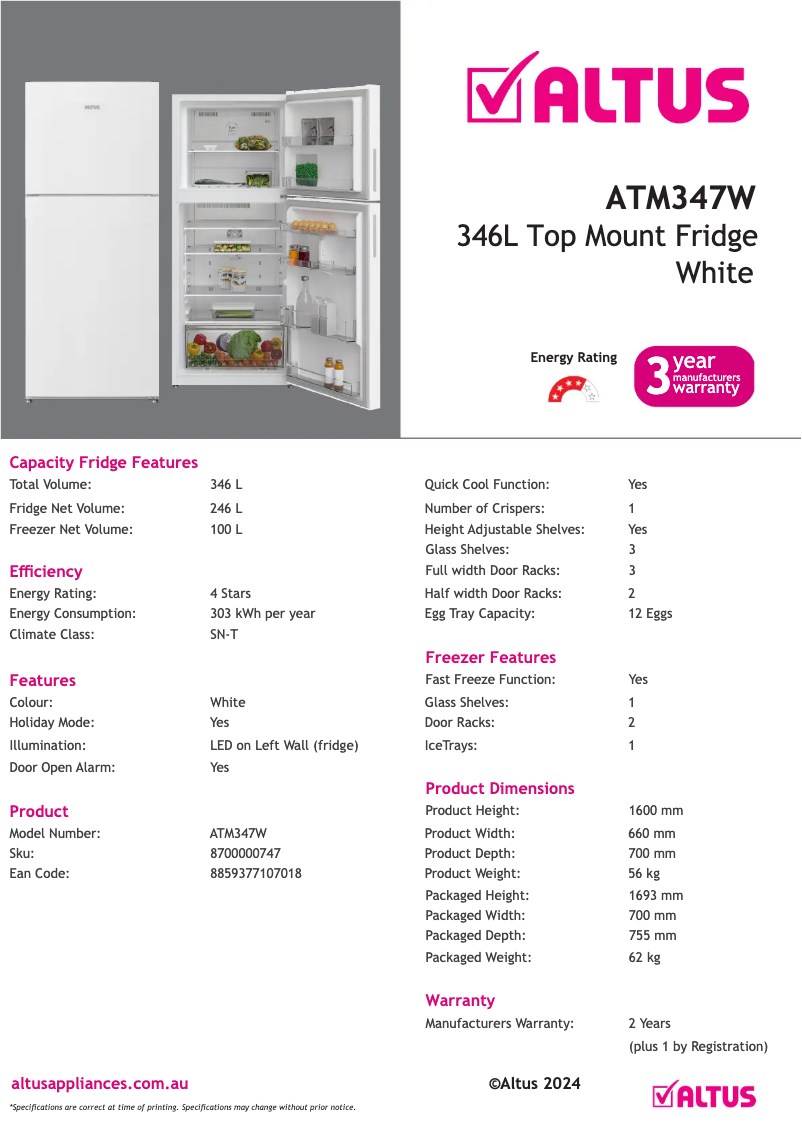 Page n°1 - Fiche technique Altus ATM347W