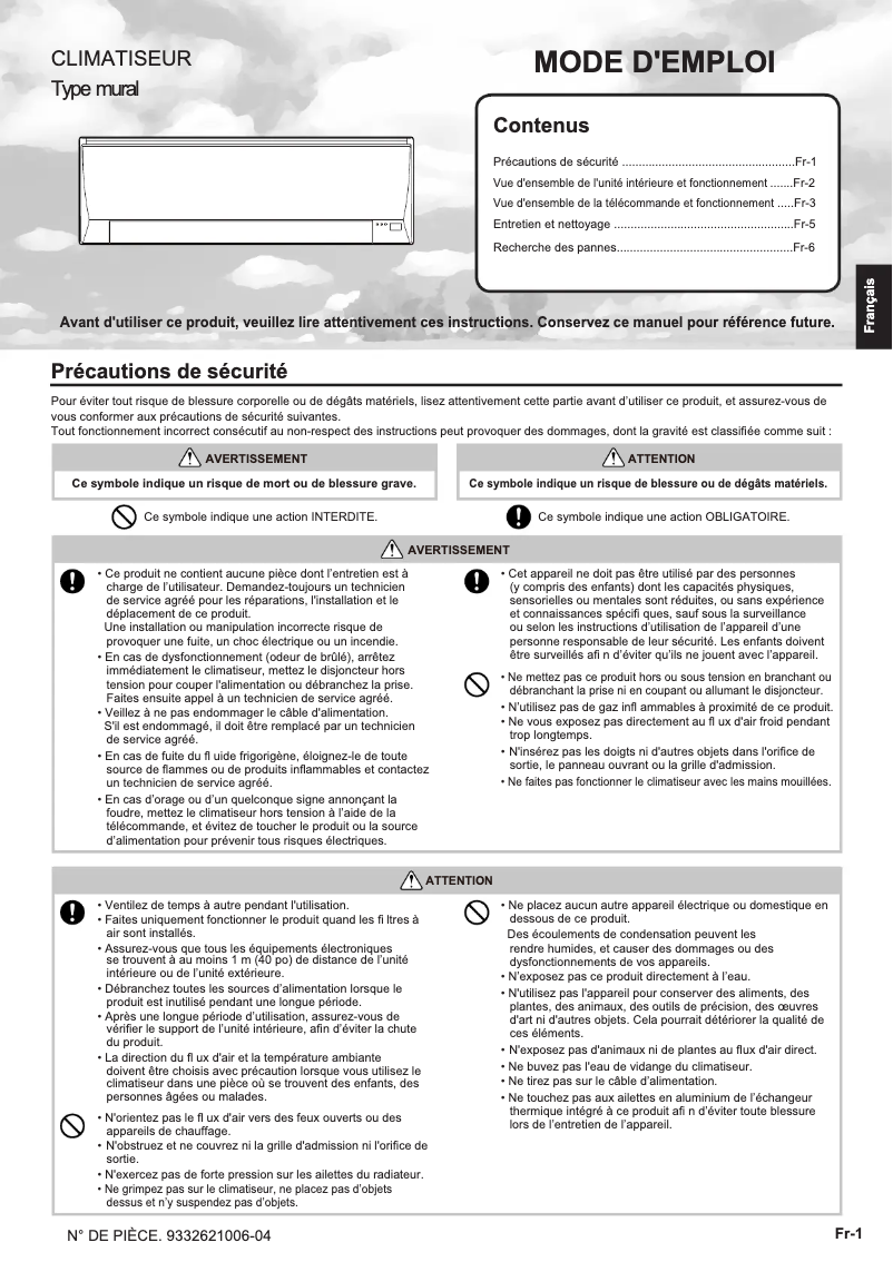 Page 1 de la notice Manuel utilisateur Fujitsu ASYG09LLCE