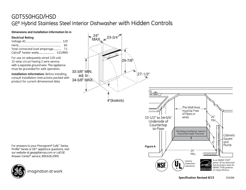 Page 1 de la notice Fiche technique GE GDT550HGDWW