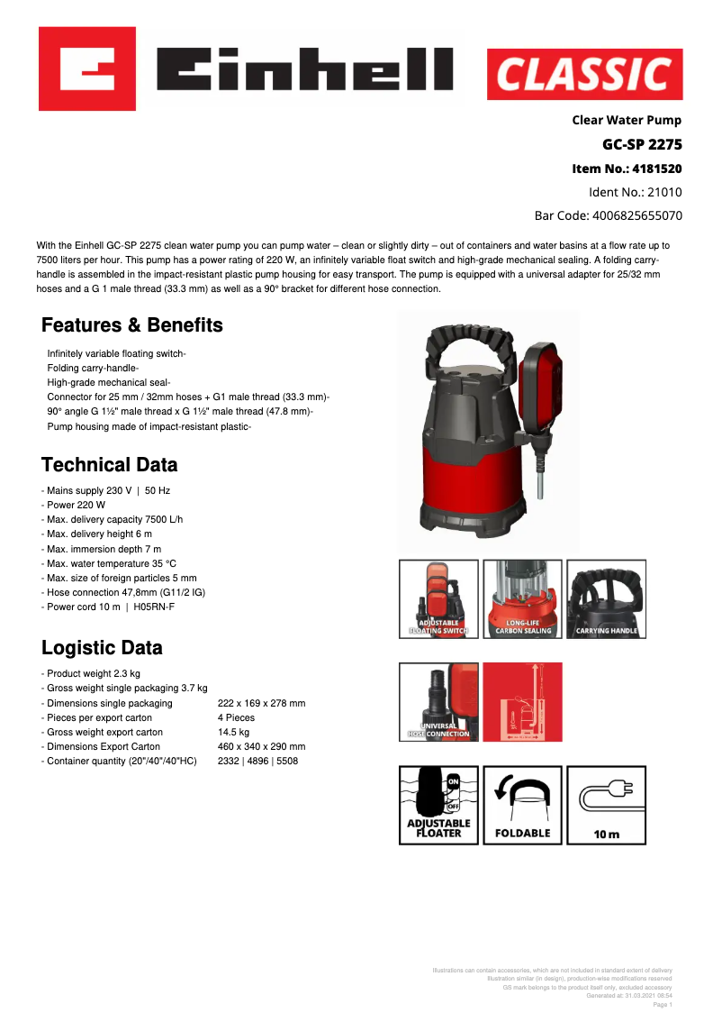 Page 1 de la notice Fiche technique Einhell GC-SP 2275