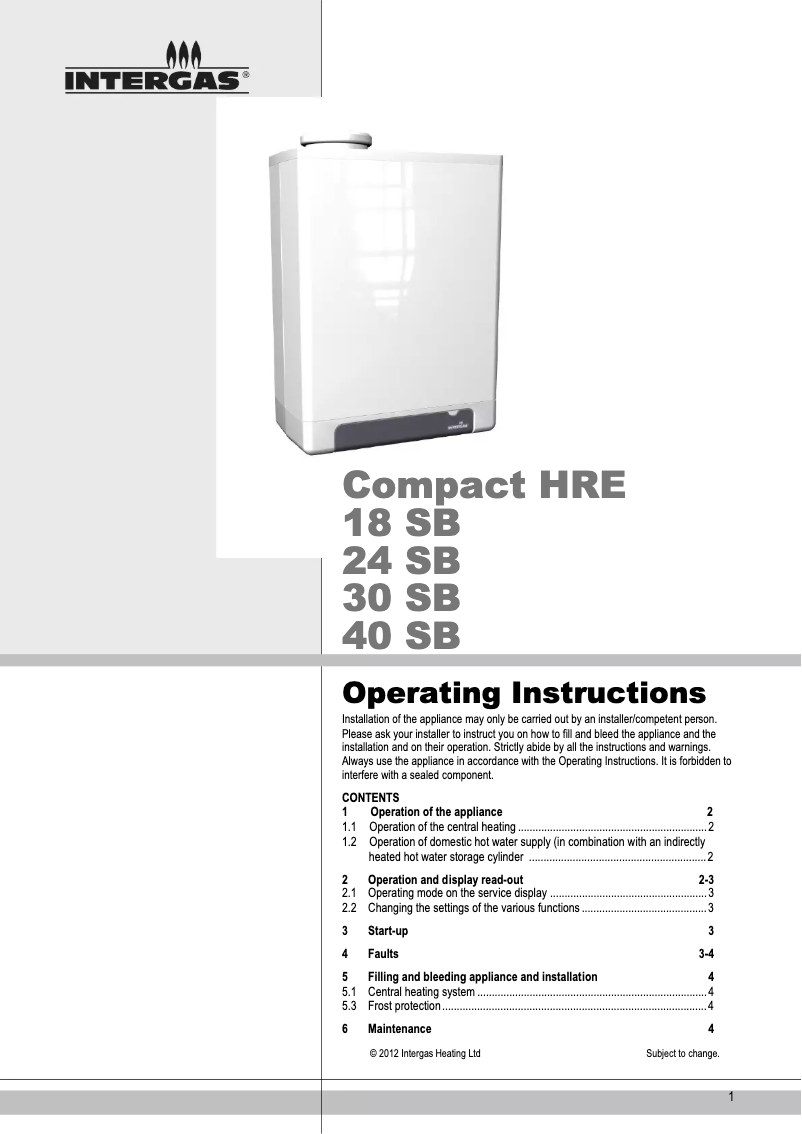 Page 1 de la notice Manuel utilisateur Intergas Compact HRE 24 SB