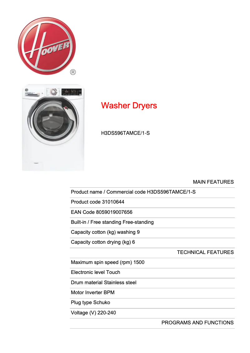 Page 1 de la notice Fiche technique Hoover H-WASH 300 PLUS H3DS596TAMCE/1-S
