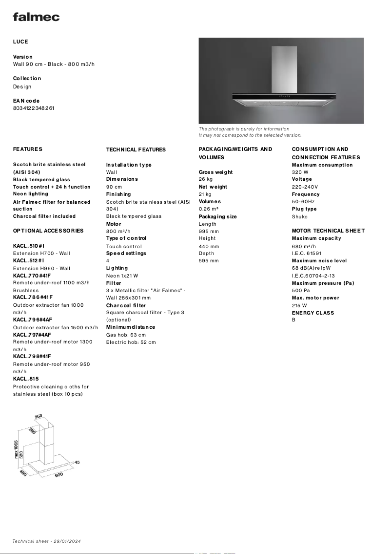 Page n°1 - Fiche technique Falmec Luce