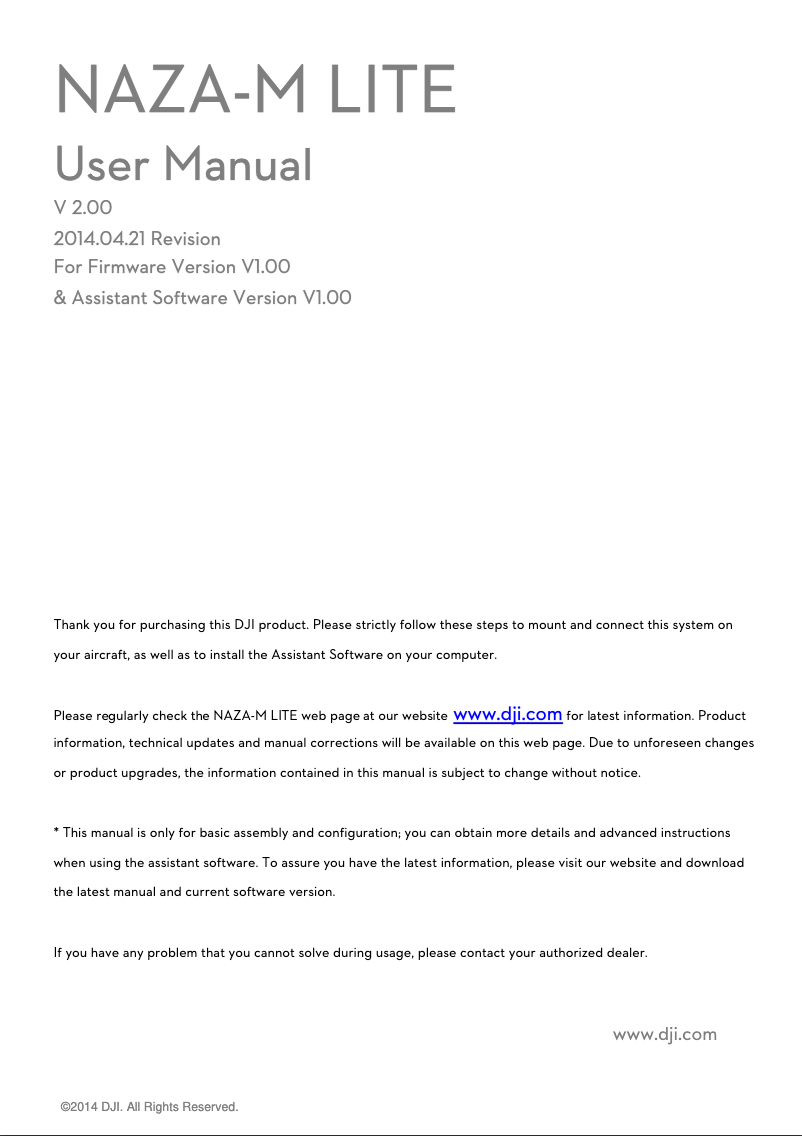Page 1 de la notice Manuel utilisateur DJI NAZA-M LITE