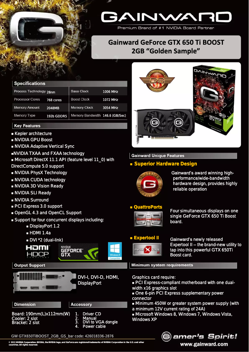 Page 1 de la notice Manuel utilisateur Gainward GeForce GTX 650 Ti Boost