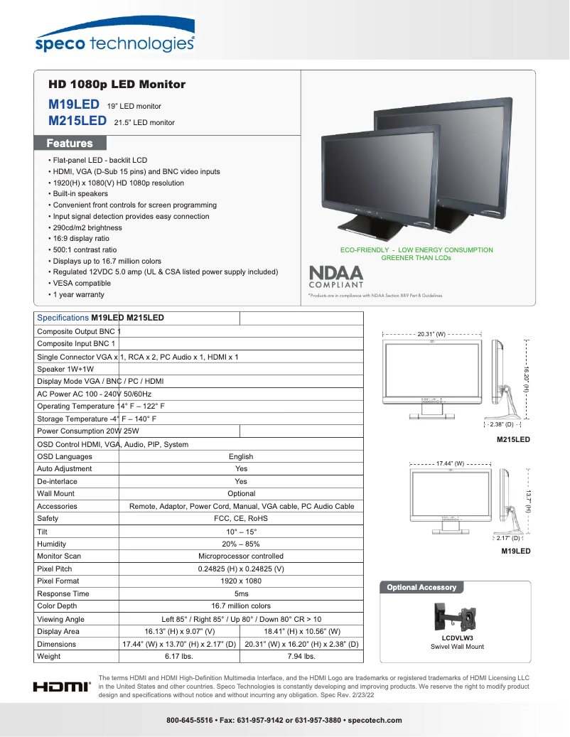 Page 1 de la notice Fiche technique Speco Technologies M19LED