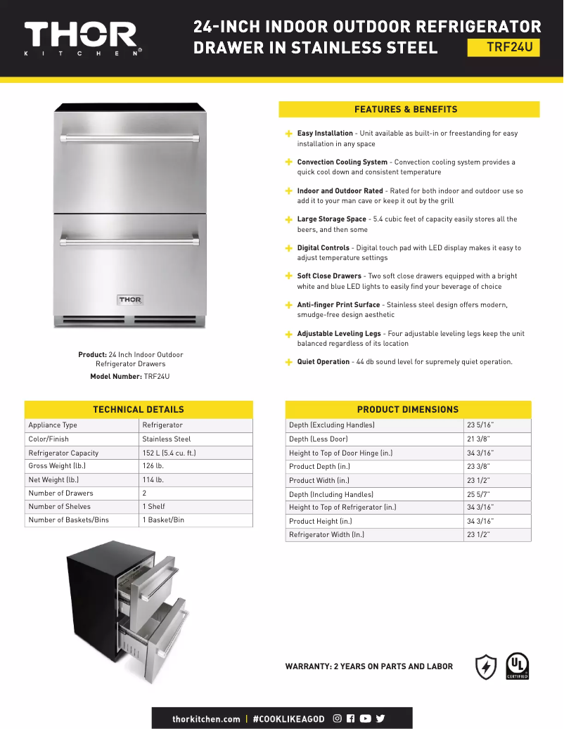 Page 1 de la notice Fiche technique Thor TRF24U