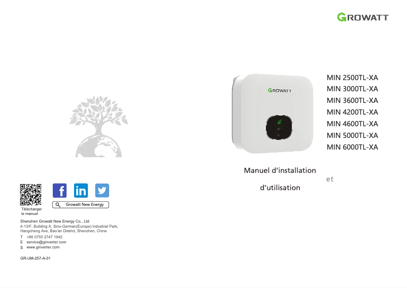Page 1 de la notice Manuel utilisateur Growatt MIN 2500-6000TL-X