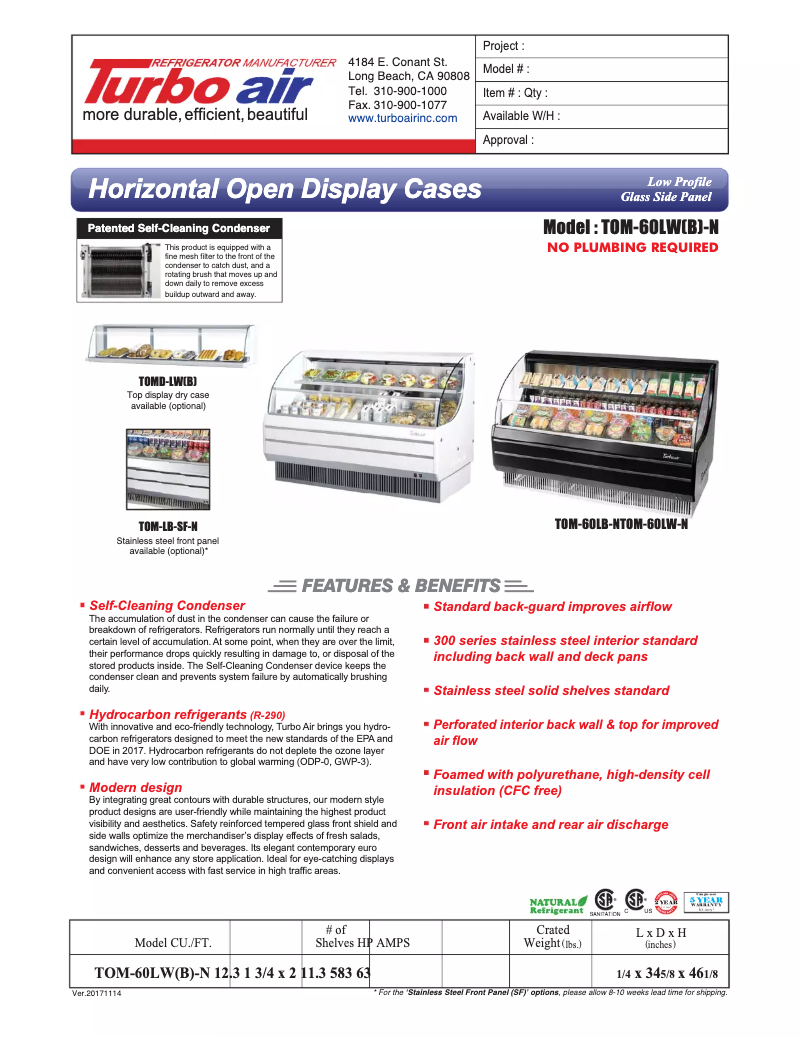 Página 1 del manual Ficha técnica Turbo air TOM-60L