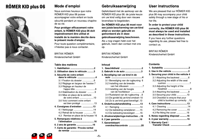 Page 1 de la notice Manuel utilisateur Britax-Römer KID PLUS