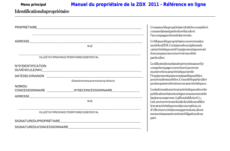 Image de la première page du manuel de l'appareil ZDX (2011)