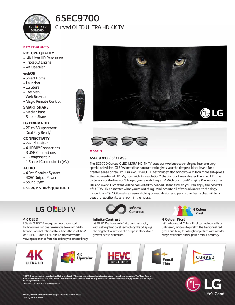 Page 1 de la notice Fiche technique LG 65EC9700