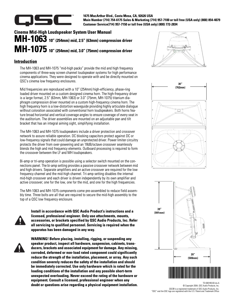 Page 1 de la notice Manuel utilisateur QSC MH-1063