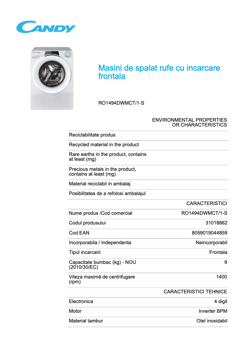 Page 1 de la notice Fiche technique Candy RO1494DWMCT/1-S
