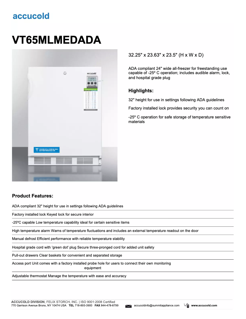 Page 1 de la notice Fiche technique Summit Accucold VT65MLMEDADA