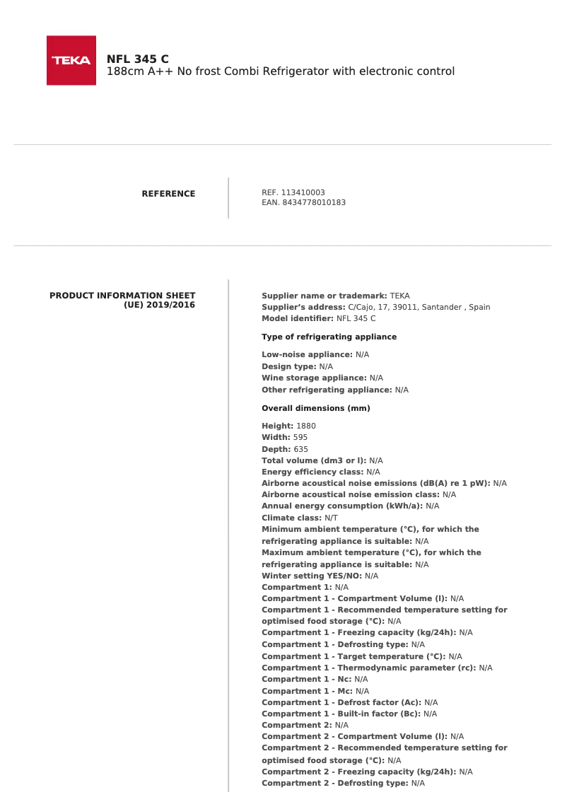 Page 1 de la notice Fiche technique Teka NFL 430