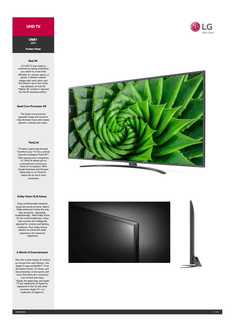 Page 1 de la notice Fiche technique LG 75UN8100PTB