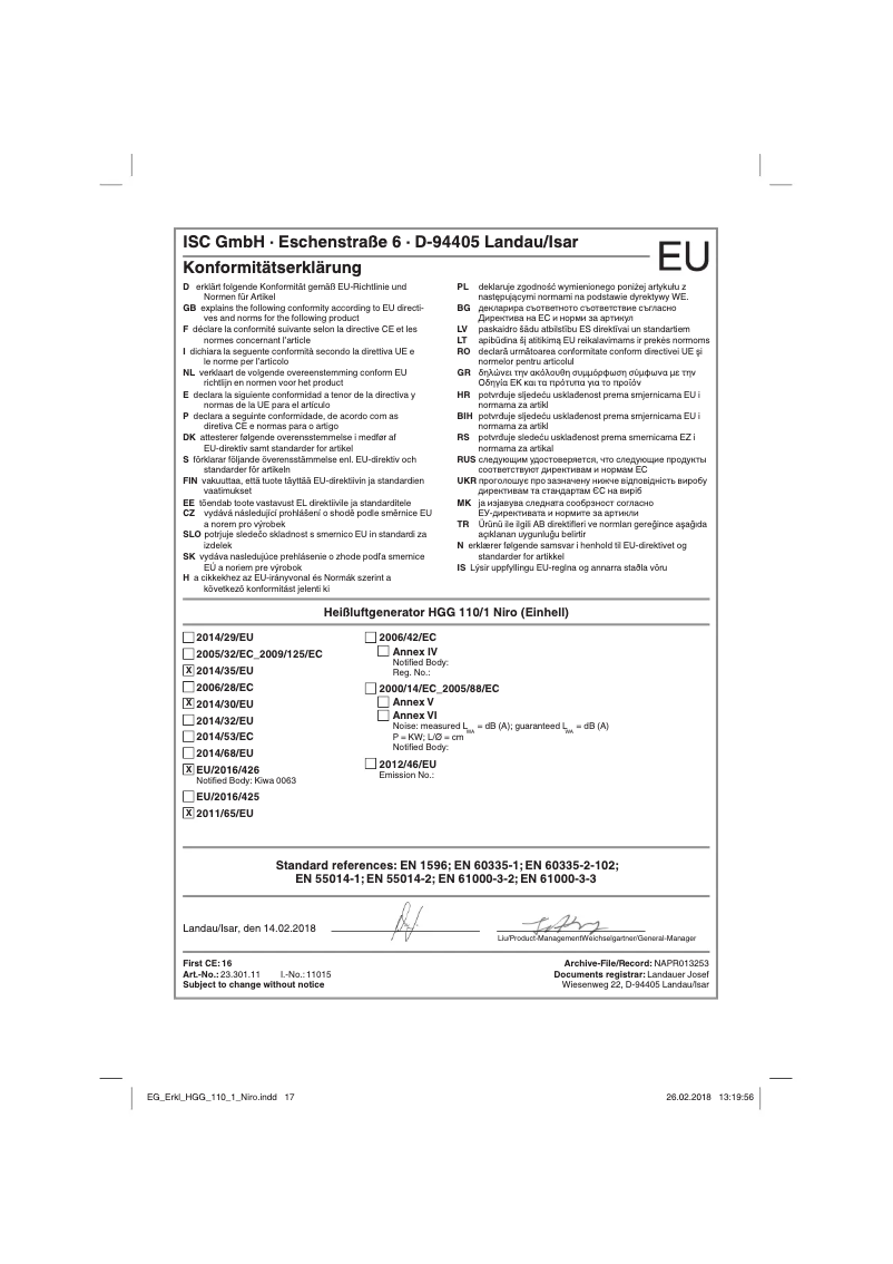 Image de la première page du manuel de l'appareil HGG 110/1 Niro