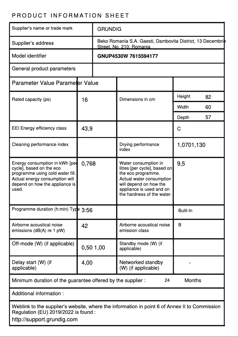 Page 1 de la notice Fiche technique Grundig GNUP4530W