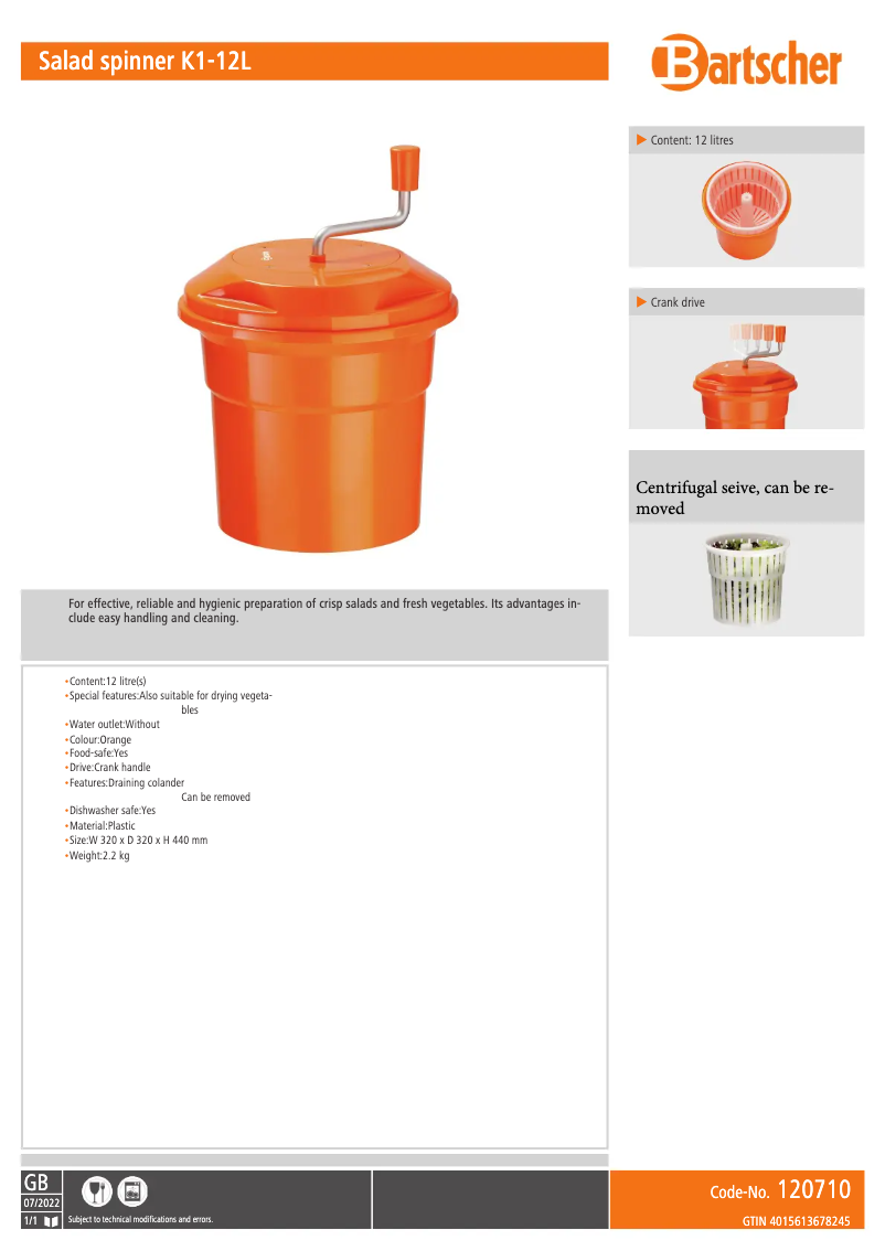 Page 1 de la notice Fiche technique Bartscher K1-12L
