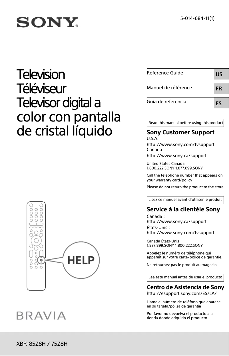 Image de la première page du manuel de l'appareil Bravia XBR-85Z8H