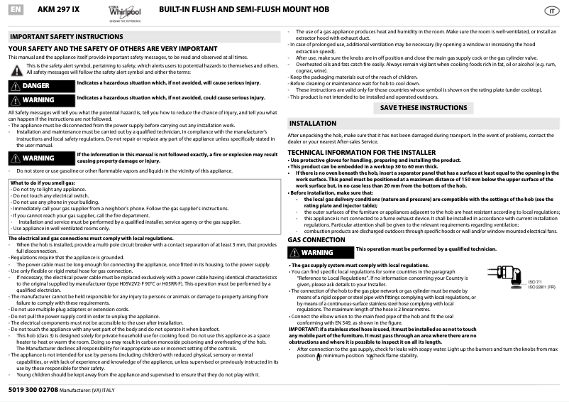 Page n°1 - Manuel utilisateur Whirlpool AKM 297 IX