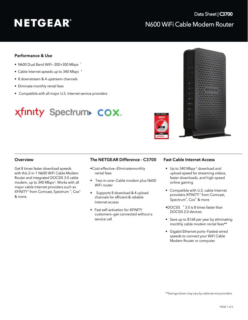 Page 1 de la notice Fiche technique Netgear C3700v2